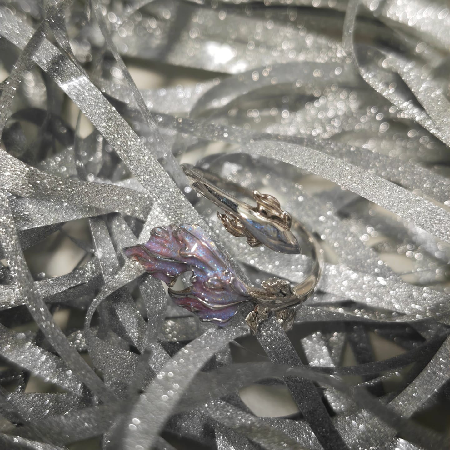 Customer photo review of "ATLANTIS" 925 Sterling Silver Swimming Fish Pink Purple Ring, Hand-Enamelled Adjustable Ring