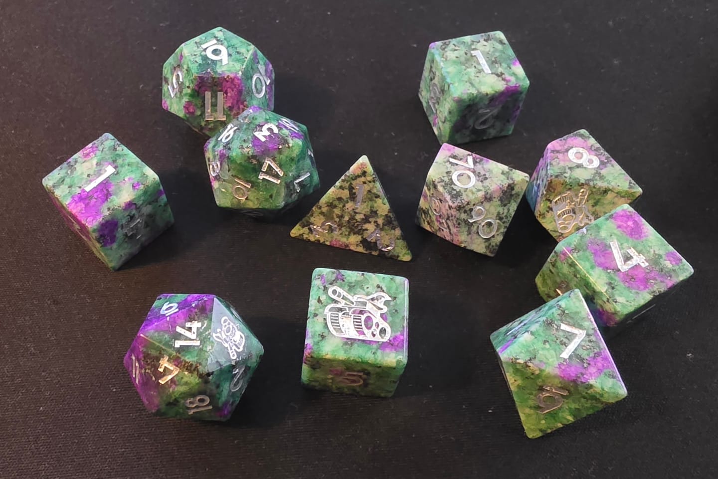 Customer photo review of URWizards Custom font style for dice, Custom initial on Dice, Dnd Natural Gemstone Dice MTG Game