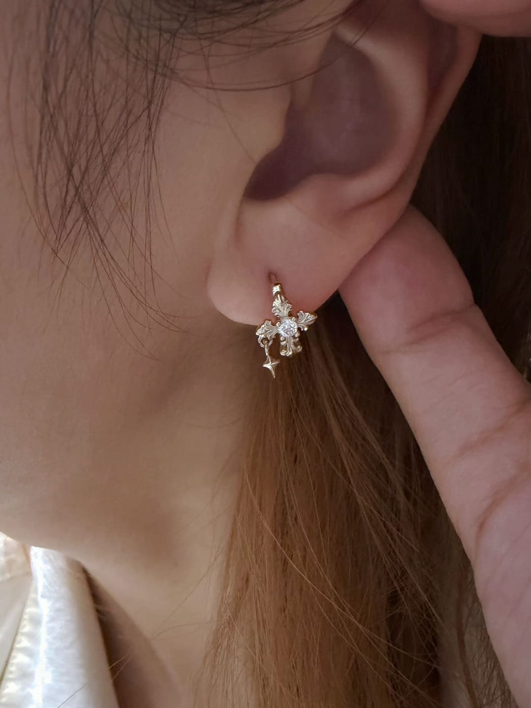 Customer photo review of "Bastet" 14K Gold Plated Fleur-de-Lis Hoop and Stud Earrings