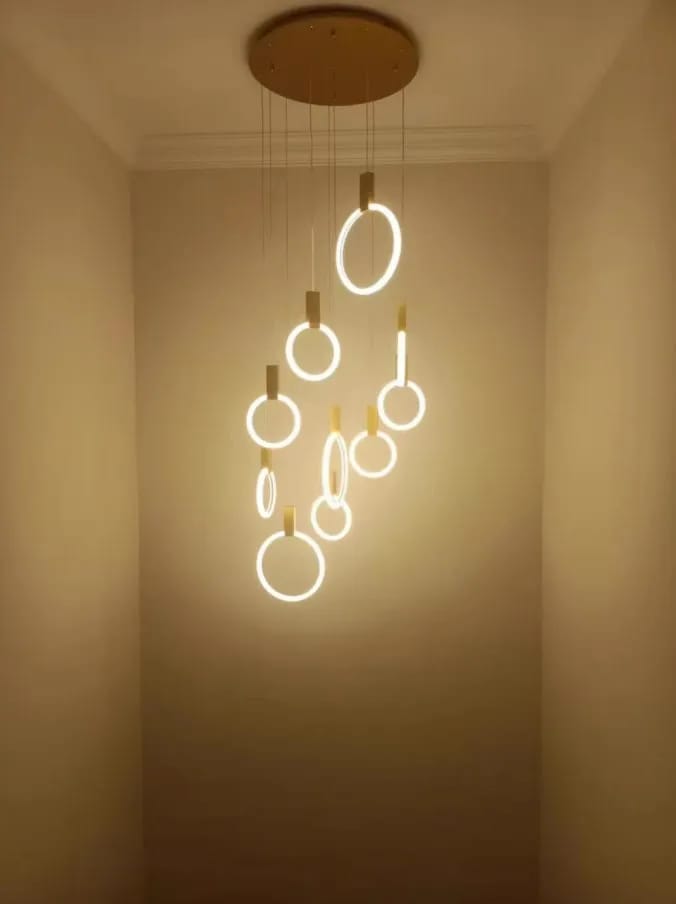 Customer photo review of Gold Chandelier, Hanging Acrylic Rings with Wood, 1.6–4 m Drop