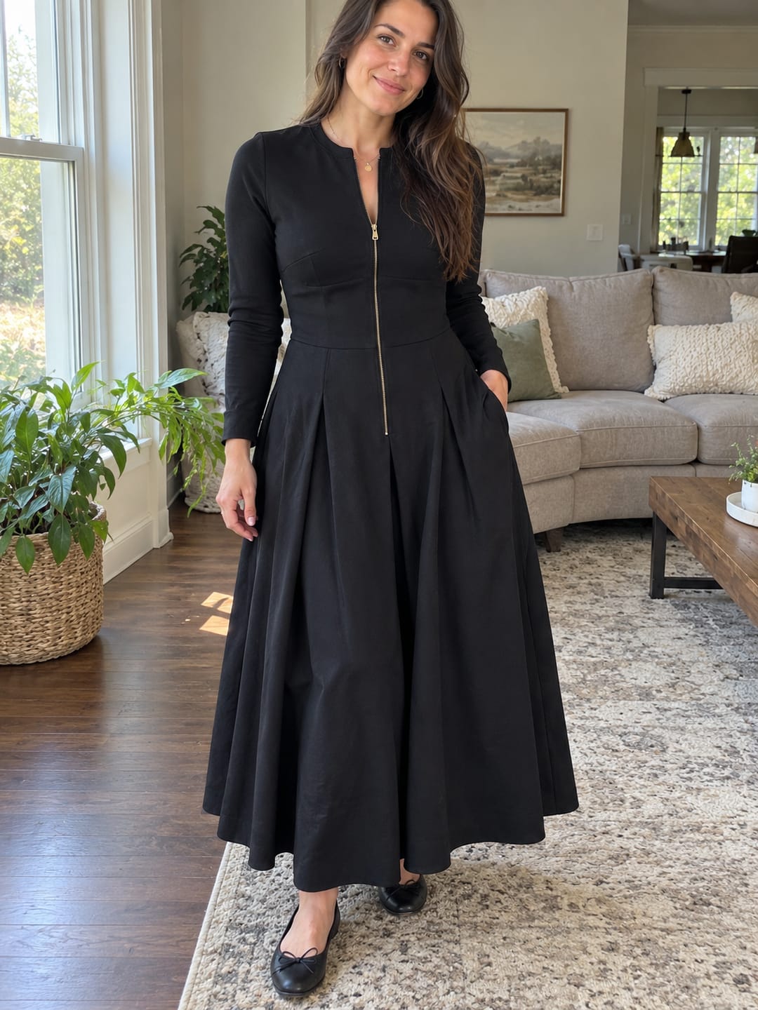 Customer photo review of Zipper Solid Color Pockets Long Sleeves High Waisted Round-neck Maxi Dresses