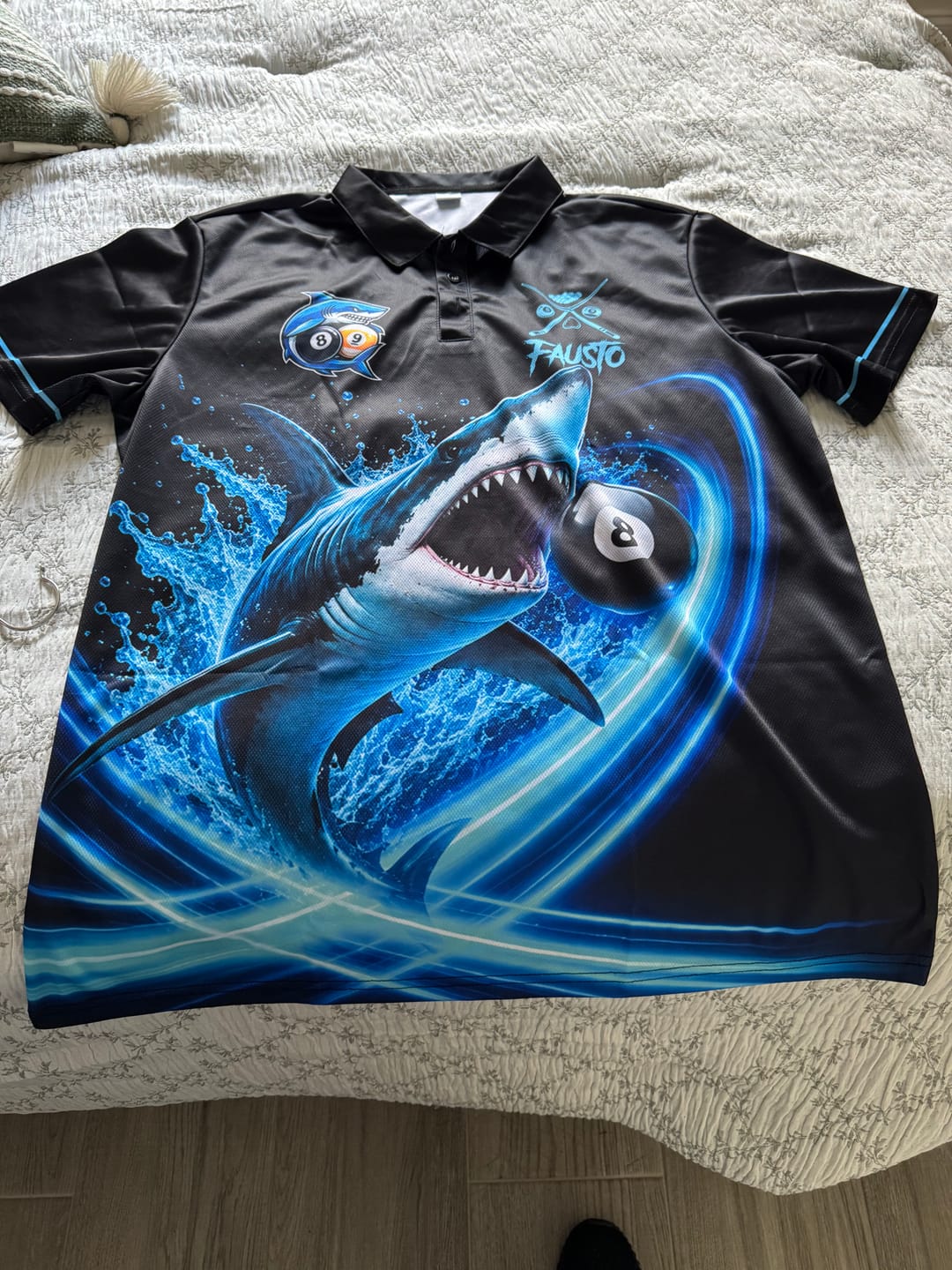 Customer photo review of Black And Blue 8 Ball & 9 Ball Shark Billiard League Shirts For Men Custom Pool Team Jersey TDM7300