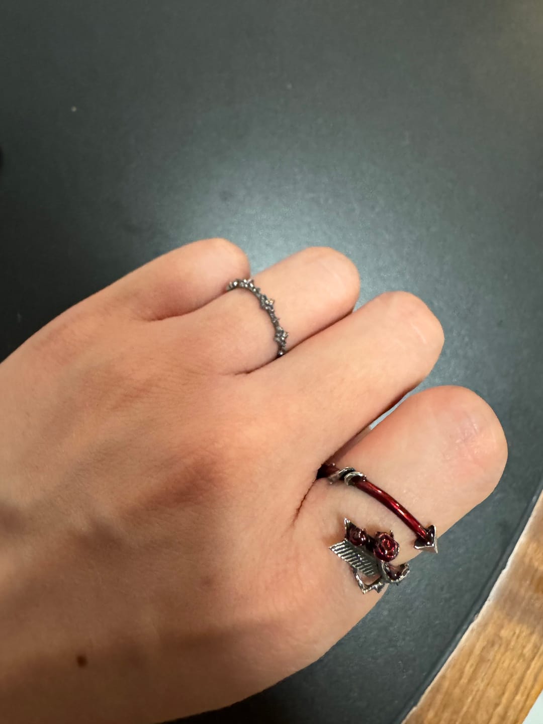 Customer photo review of "TWILIGHT ROSE" 925 Sterling Silver Gothic Rose and Arrow Adjustable Open Ring