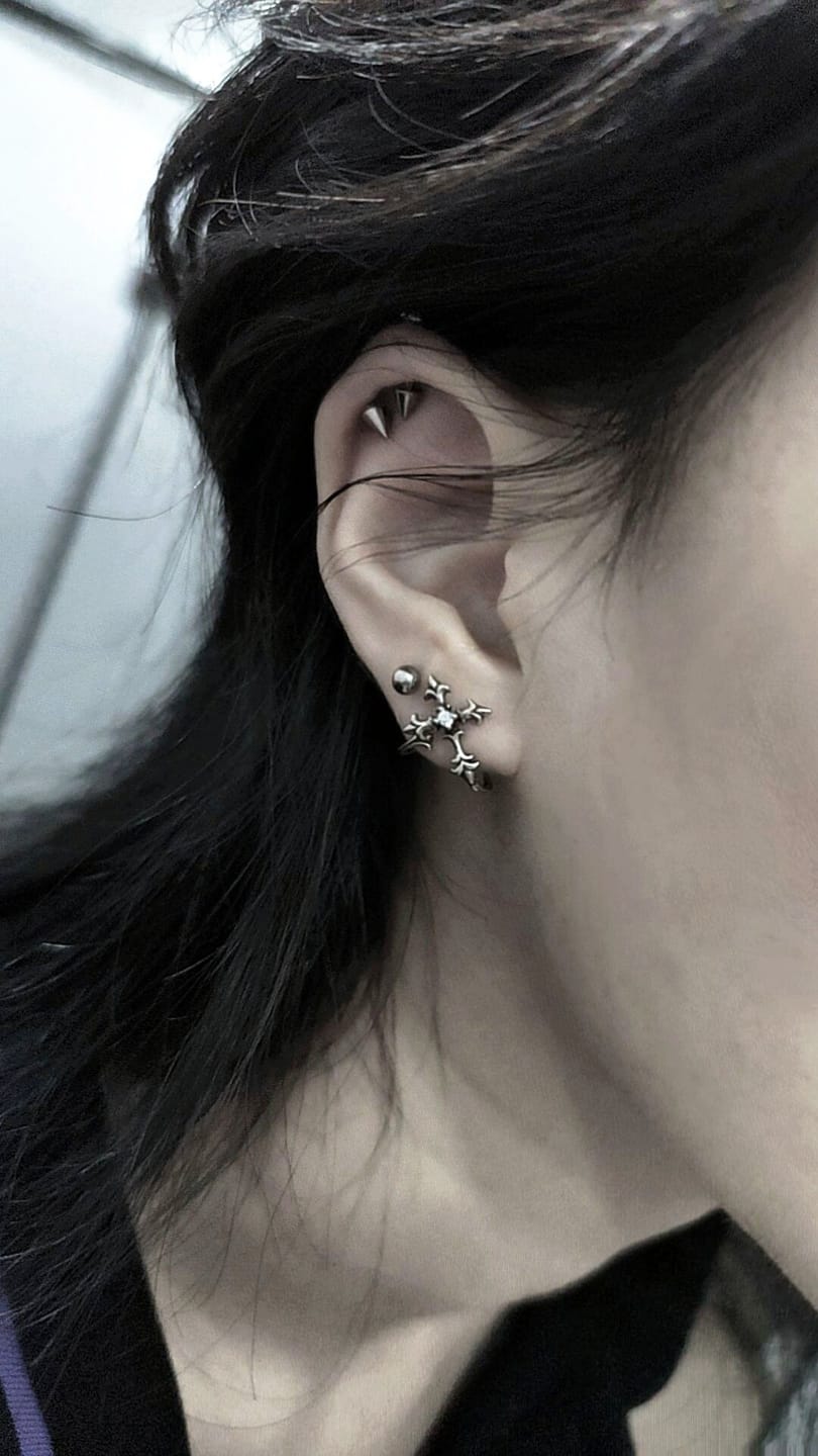 Customer photo review of "Irises" 925 Sterling Silver Oxidized Cross Stud Earrings, Vintage Style