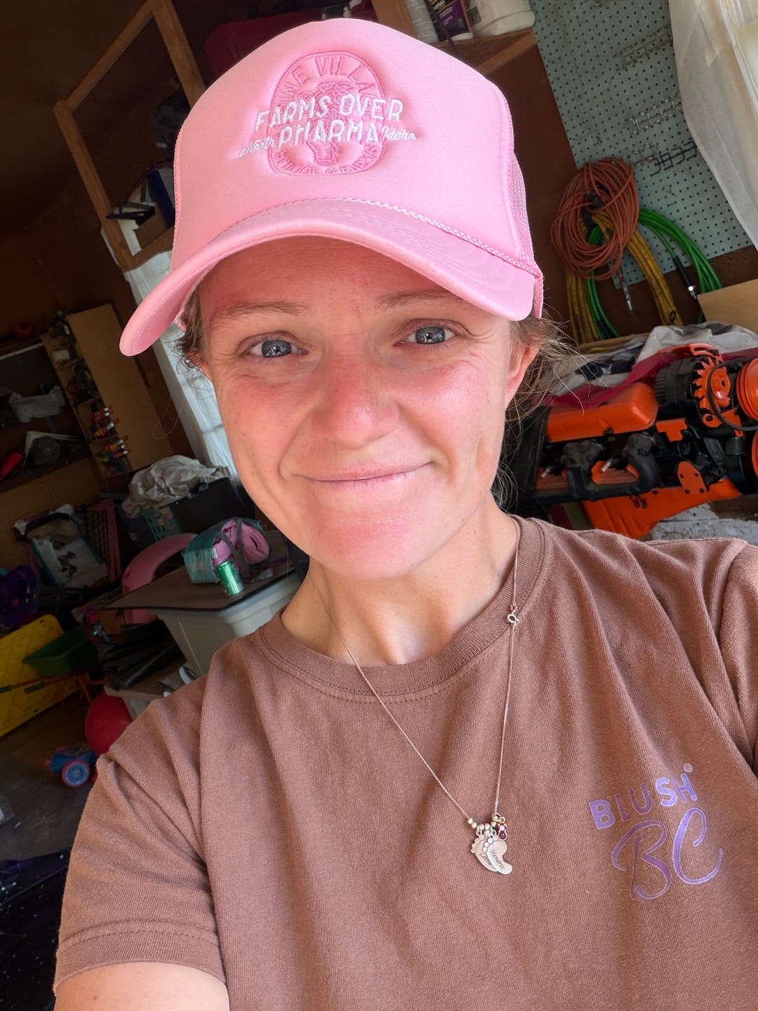 Customer photo review of Farms Over Pharma Trucker Hat (Pink)