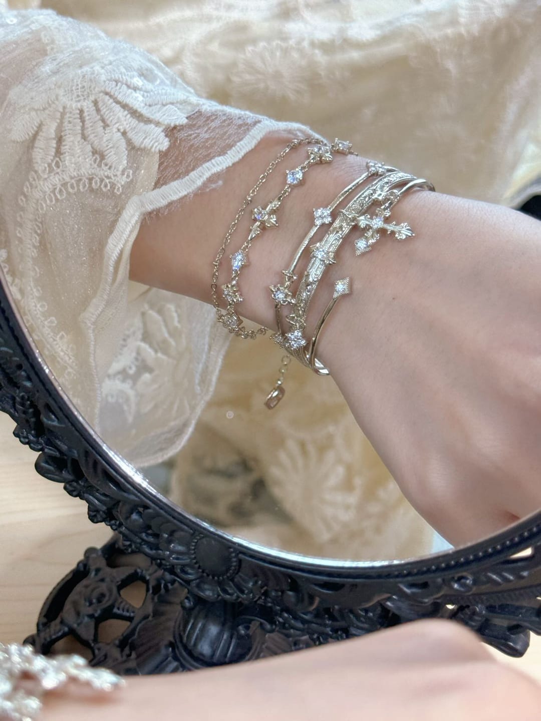 Customer photo review of "Bastet" 14K Gold Plated Vintage Iris Adjustable Bangle, Statement Cuff