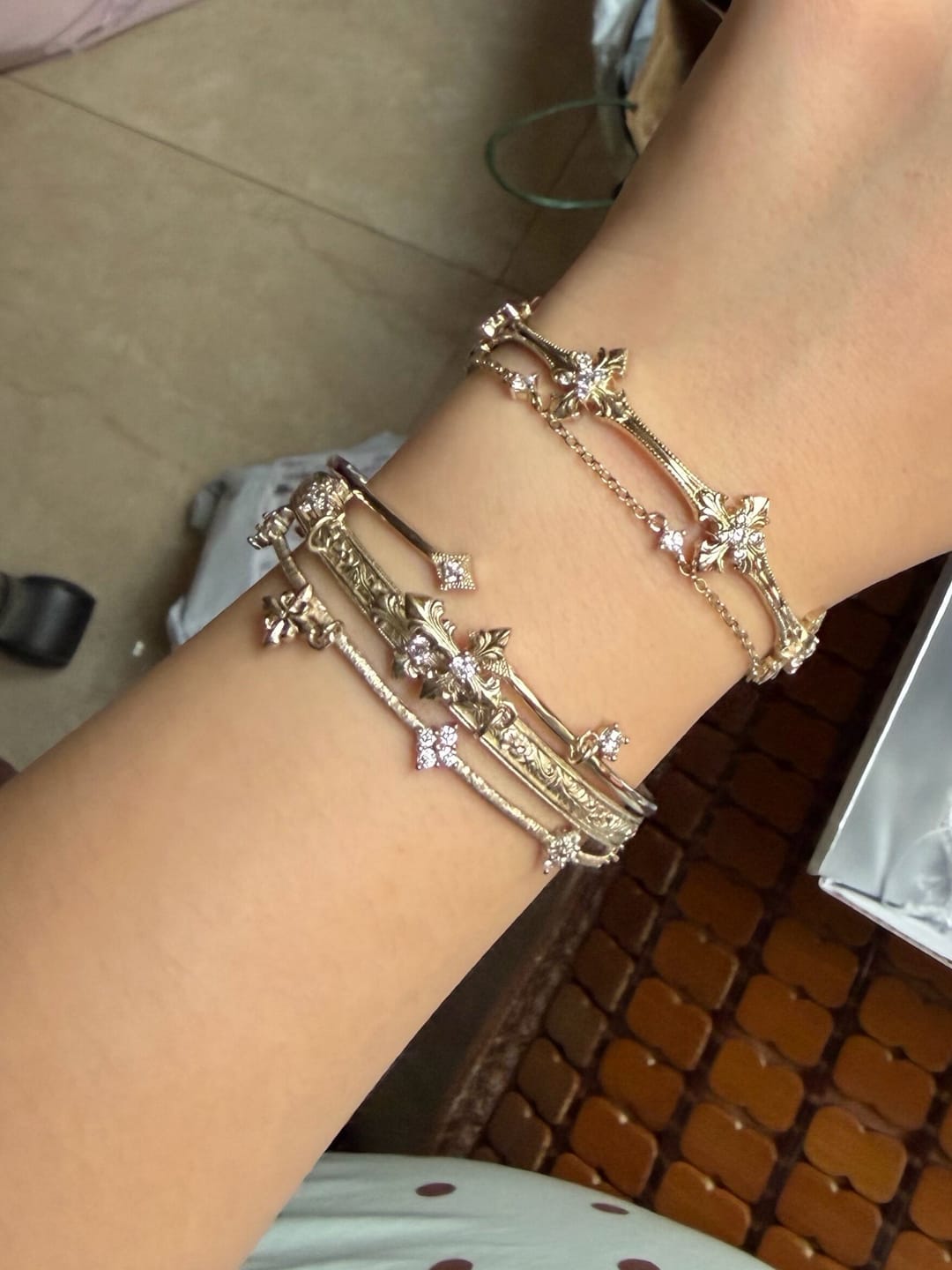 Customer photo review of "Bastet" 14K Gold Plated Vintage Iris Adjustable Bangle, Statement Cuff