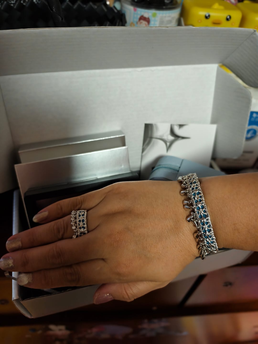 Customer photo review of "MIAO" Platinum Plated Ethnic Tie-Dye Tassel Bangle, Statement Cuff Bracelet