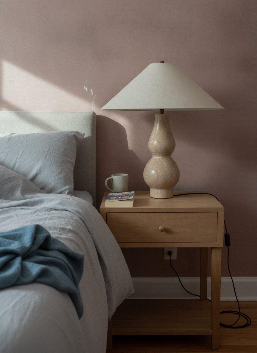 Customer photo review of Travertine Table Lamp, Turned Stone Base, Beige Linen Shade