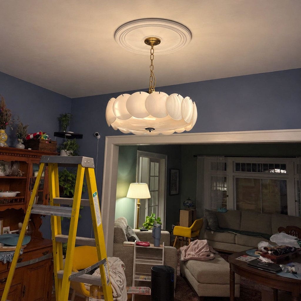 Customer photo review of Round Chandelier, Layered Glass Discs, Refined Iron Frame