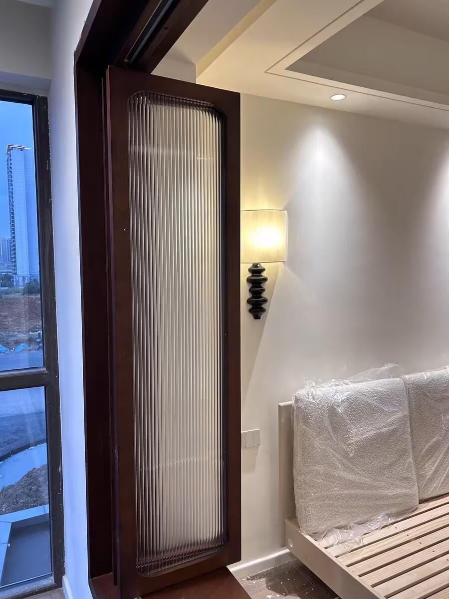 Customer photo review of Corrugated Wood Wall Light, White Linen Shade, Wall Sconce