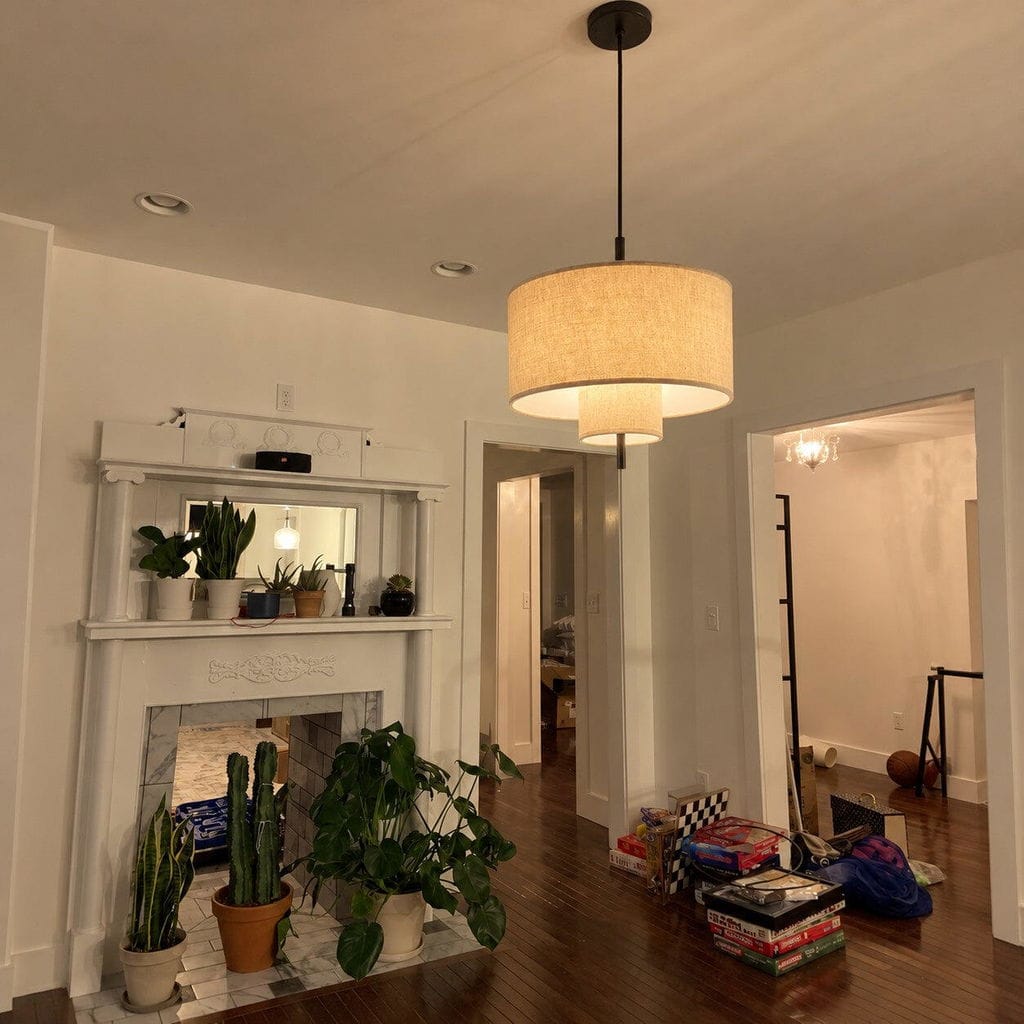 Customer photo review of Tiered Linen Pendant Light, Hand-Woven Shade, Adjustable Height