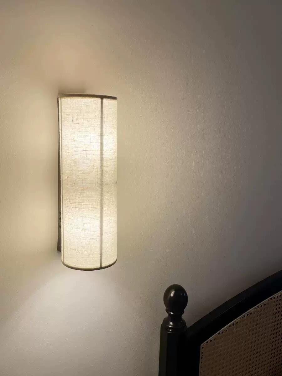 Customer photo review of Fabric Cylinder Plug In Wall Light, Black Frame, Wall Sconce
