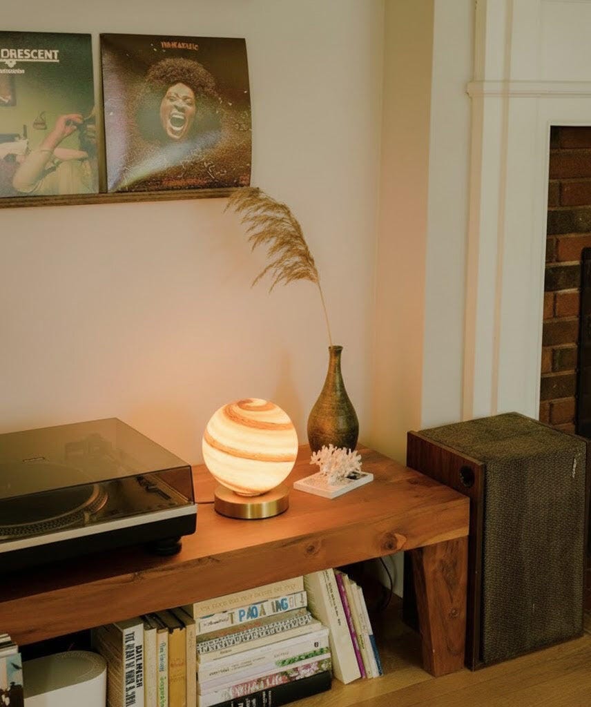 Customer photo review of Swirl Glass Sphere Table Lamp, Brass Base, Bedside Lamp