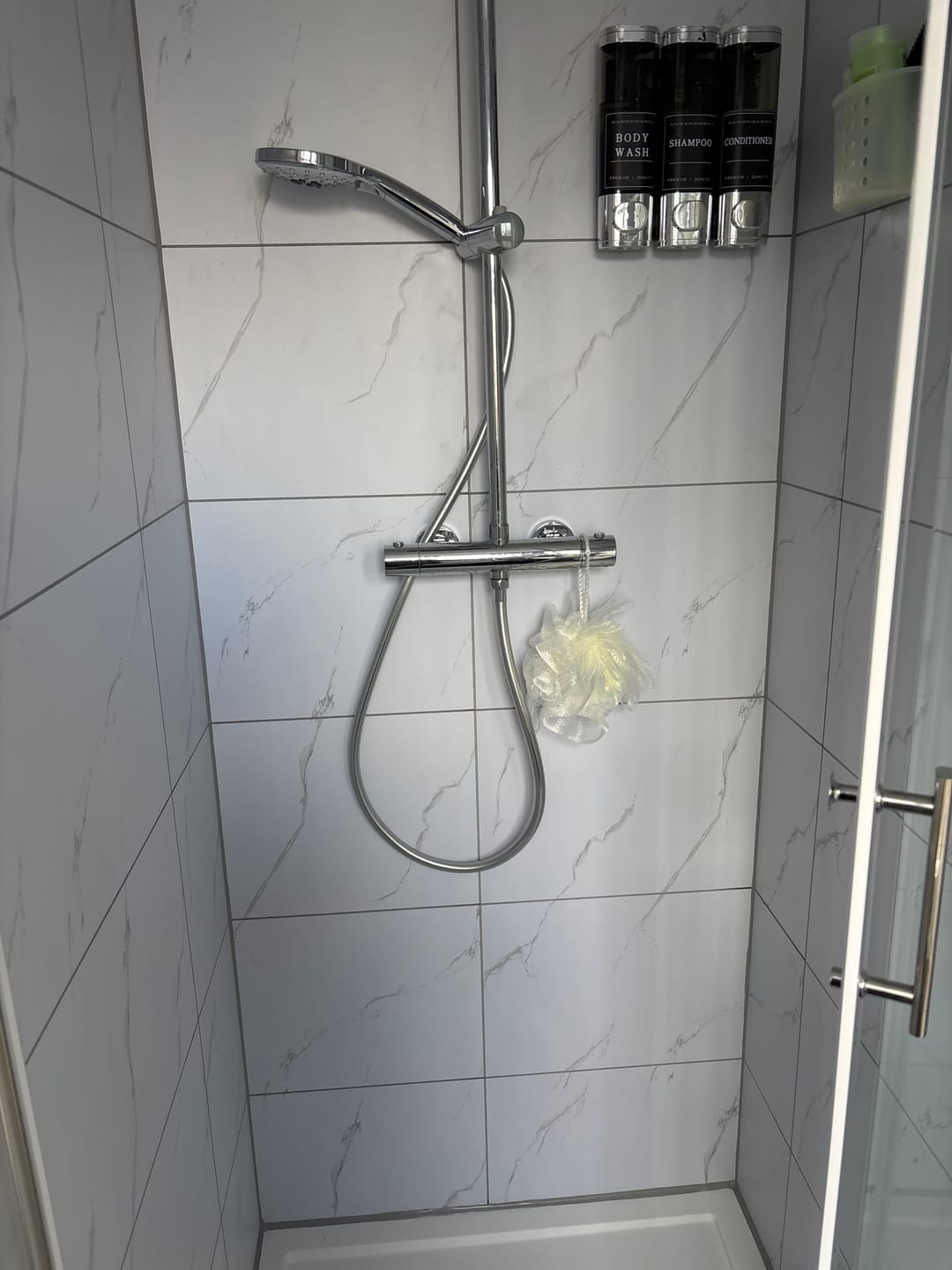 Customer photo review of Premium Carrara White Marble Matt Shower Wall Panel – 2.6M x 600MM