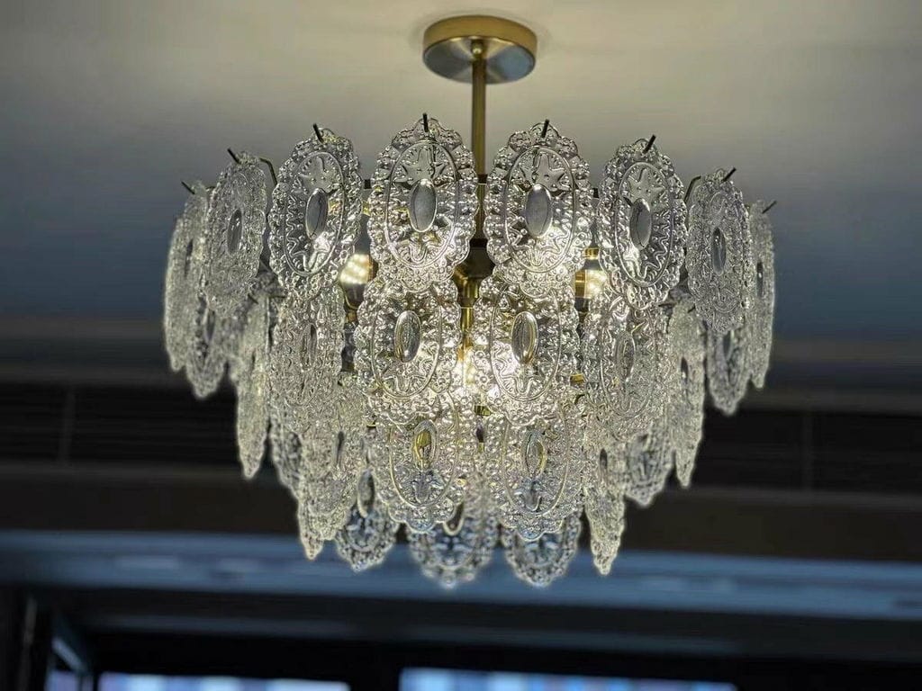 Customer photo review of Gold Glass Pendant Light, Wave Iron Frame, Diamond Textured Shades