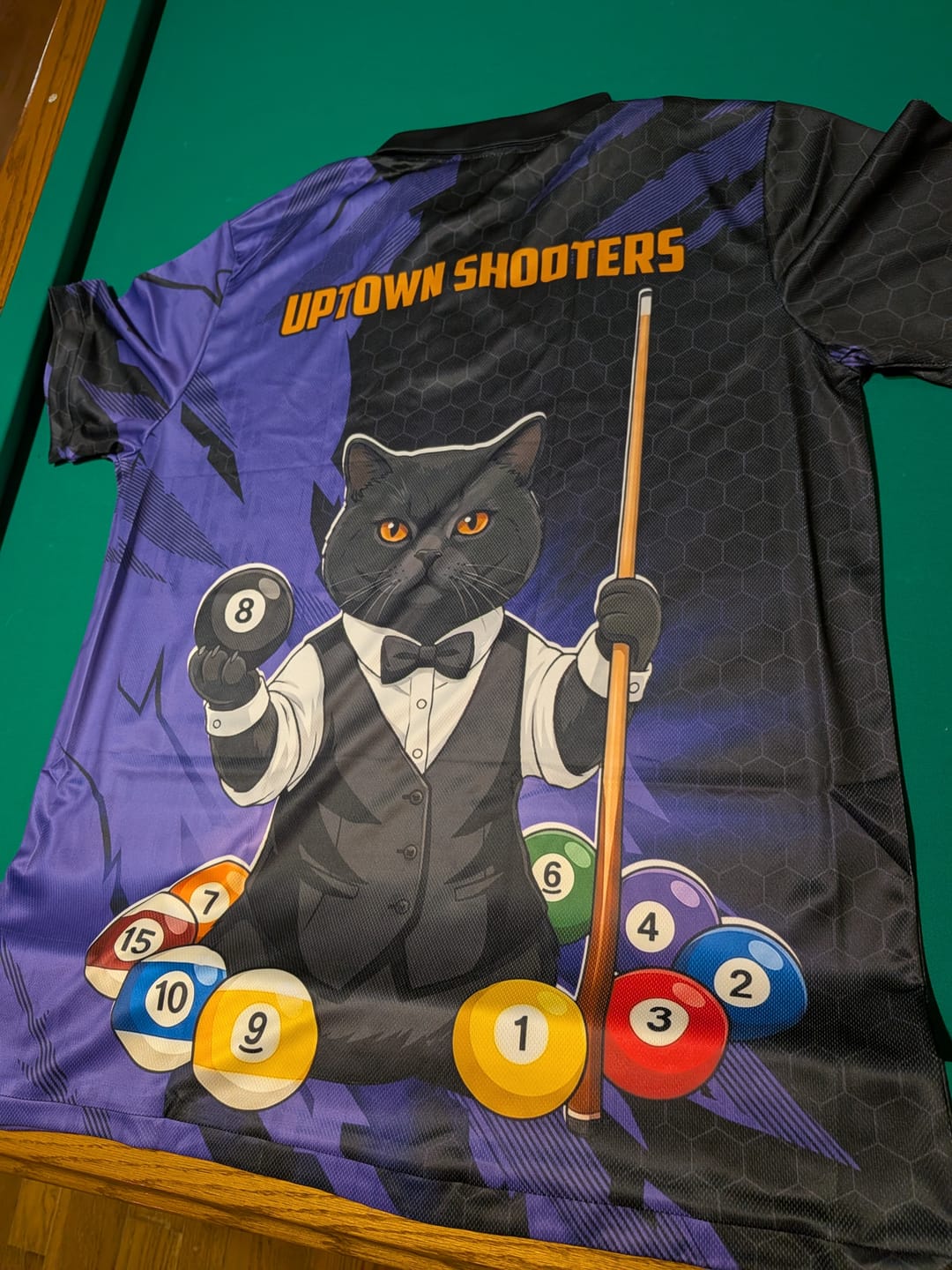 Customer photo review of Custom Black Cat 8 Ball Pool Shirts Purple Billiard Shirt for Men Billiard Team Jersey Billiard Gift NNT181