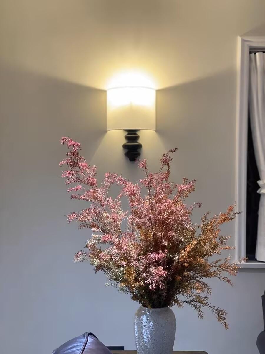 Customer photo review of Corrugated Wood Wall Light, White Linen Shade, Wall Sconce