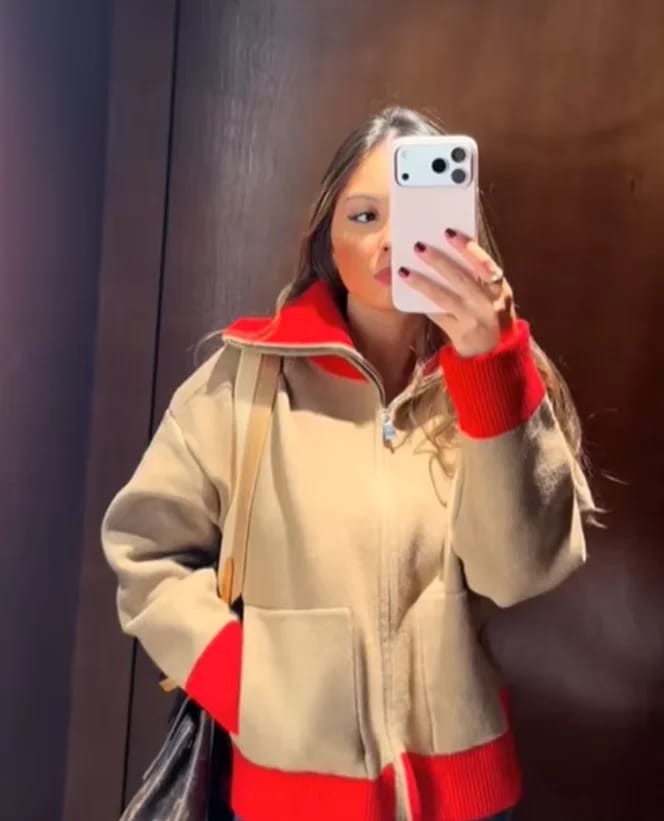 Customer photo review of Sandra Wide Ribbed Collar Color Blocked Cardigan