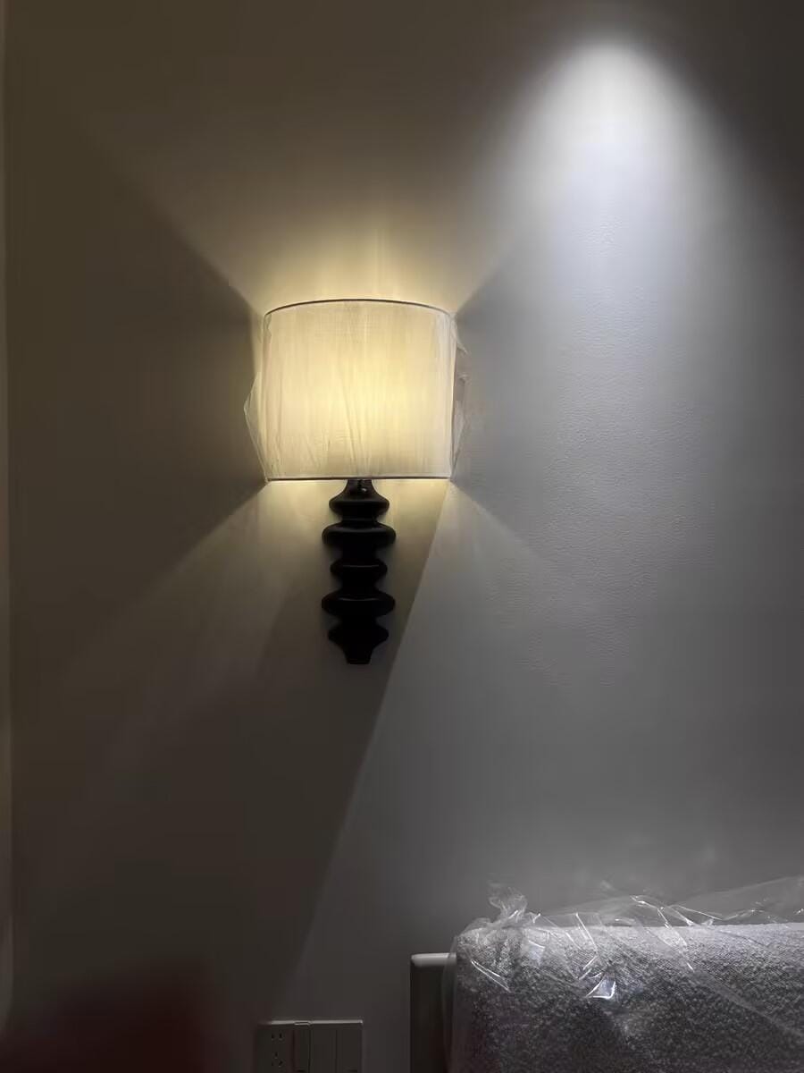 Customer photo review of Corrugated Wood Wall Light, White Linen Shade, Wall Sconce