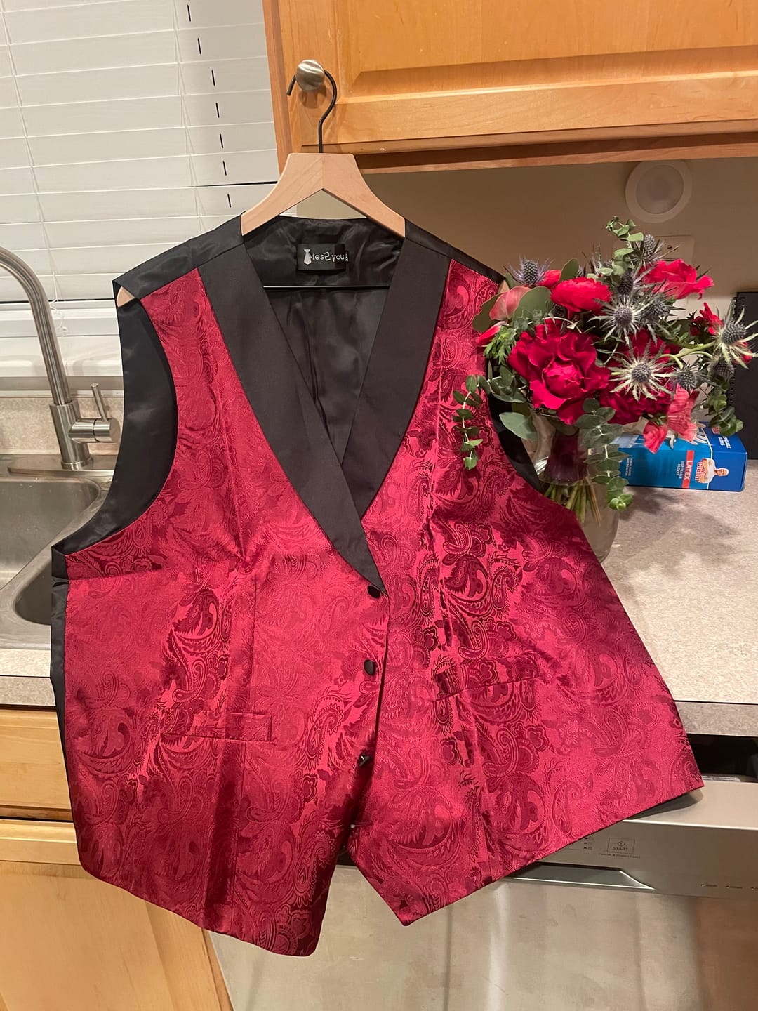 Customer photo review of Ties2you Burgundy Paisley Vest for Men Shawl Collar Formal Suit Waistcoat Tie Bowtie Hanky Cufflinks Set