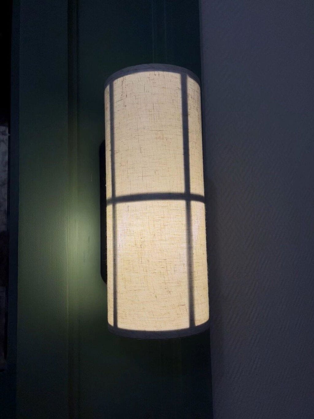 Customer photo review of Fabric Cylinder Plug In Wall Light, Black Frame, Wall Sconce