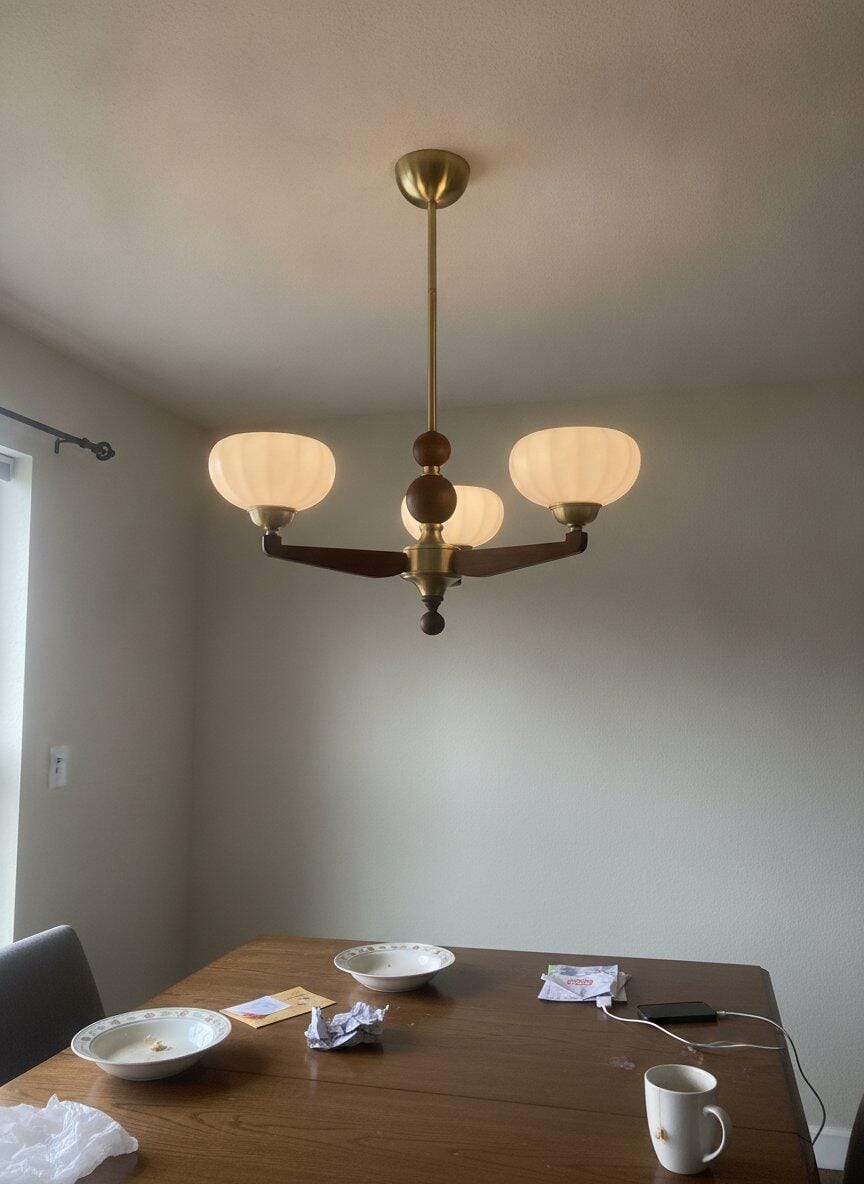Customer photo review of Wood Arm Chandelier with Cream Glass Shades, Pendant Light