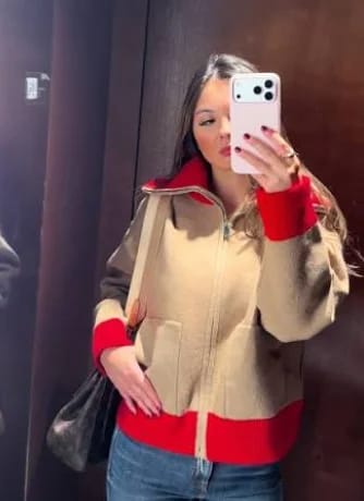 Customer photo review of Sandra Wide Ribbed Collar Color Blocked Cardigan