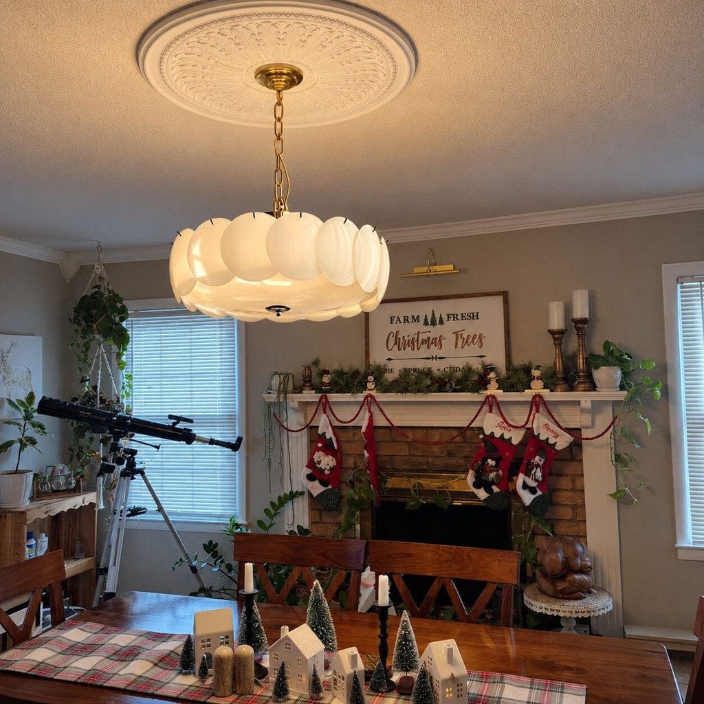 Customer photo review of Round Chandelier, Layered Glass Discs, Refined Iron Frame
