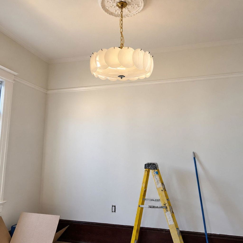 Customer photo review of Round Chandelier, Layered Glass Discs, Refined Iron Frame