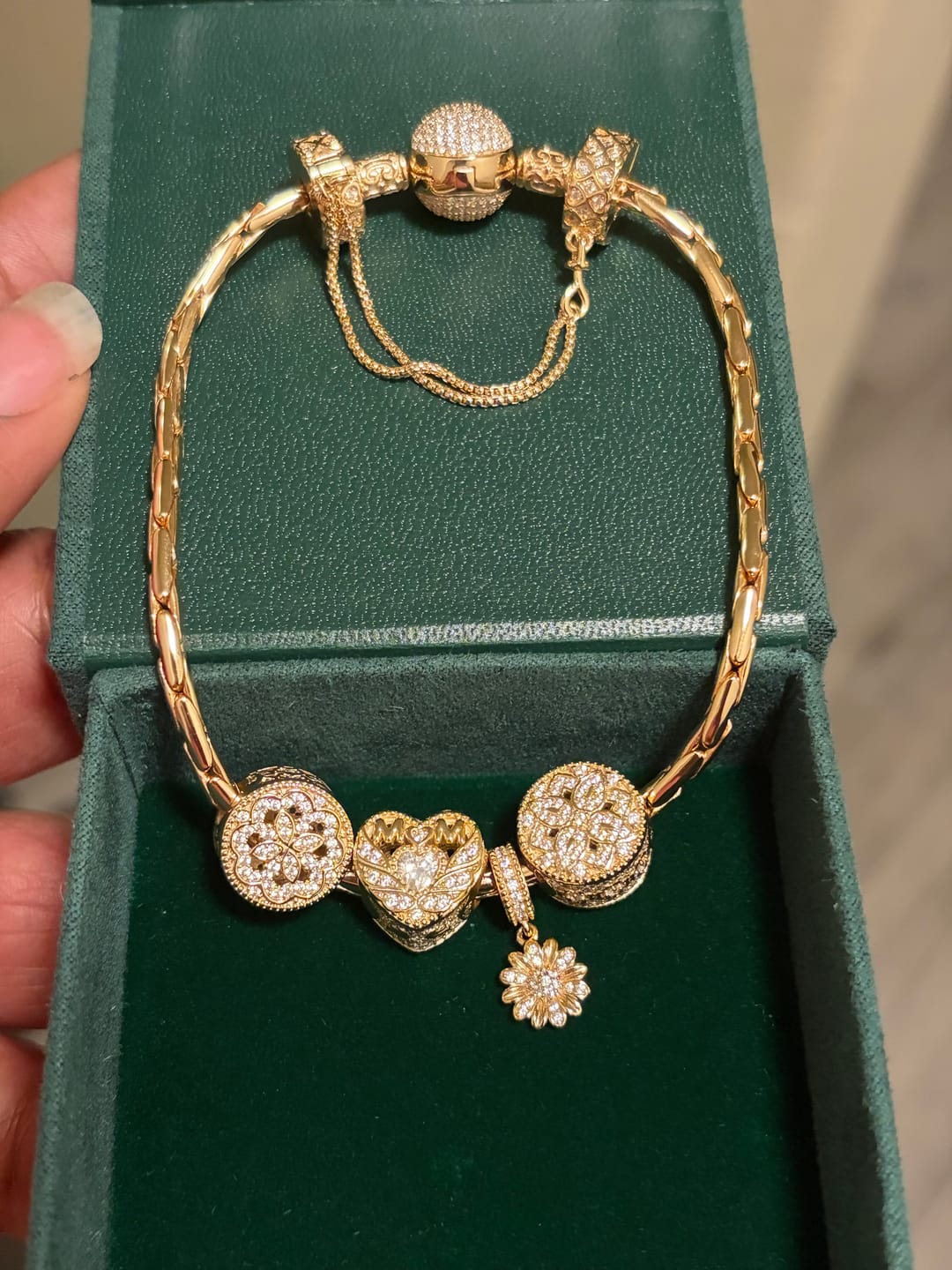Customer photo review of Sterling Silver Golden Love for Mom Charms Bracelet Set In 14K Gold Plated (Includes bracelet and all charms shown)