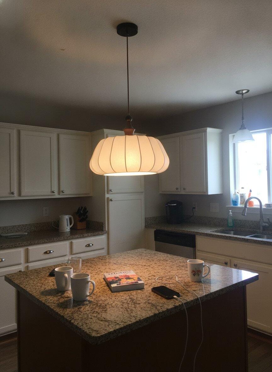 Customer photo review of Fabric Dome Pendant Light, Wood Top, Adjustable Cord, 45 cm
