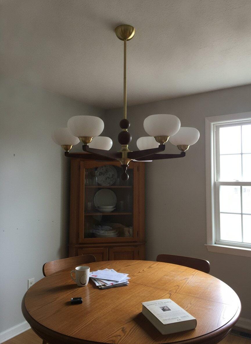 Customer photo review of Wood Arm Chandelier with Cream Glass Shades, Pendant Light