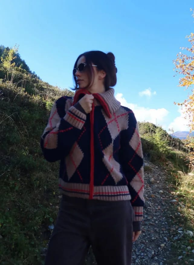 Customer photo review of Lara Argyle Ribbed Knit Zip-Up Cardigan