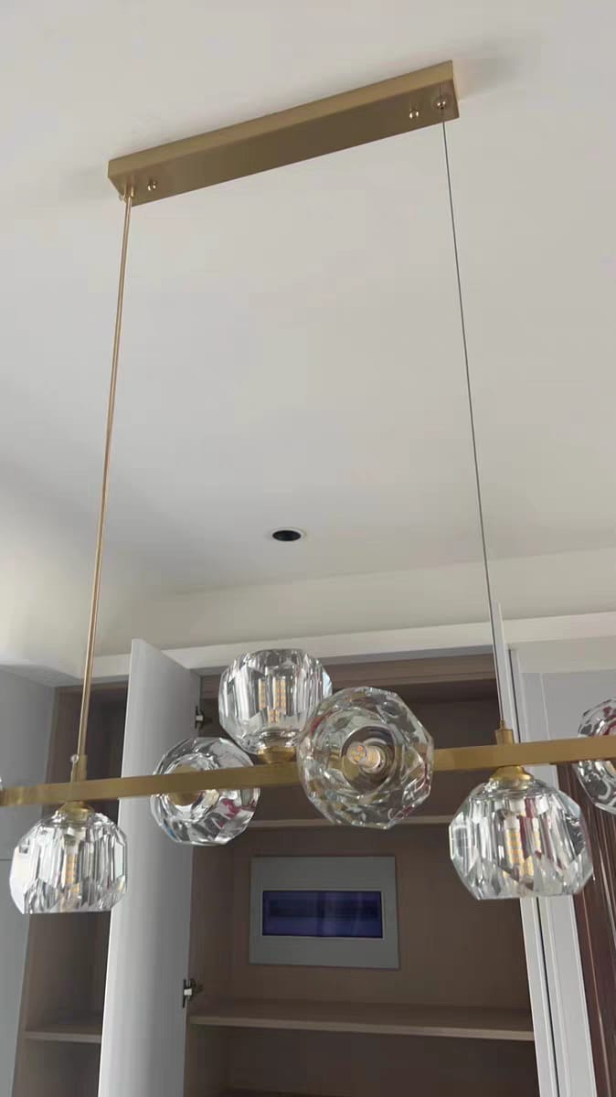 Customer photo review of Crystal Ball Chandelier, Linear Brass Bar, Adjustable Pendant Light