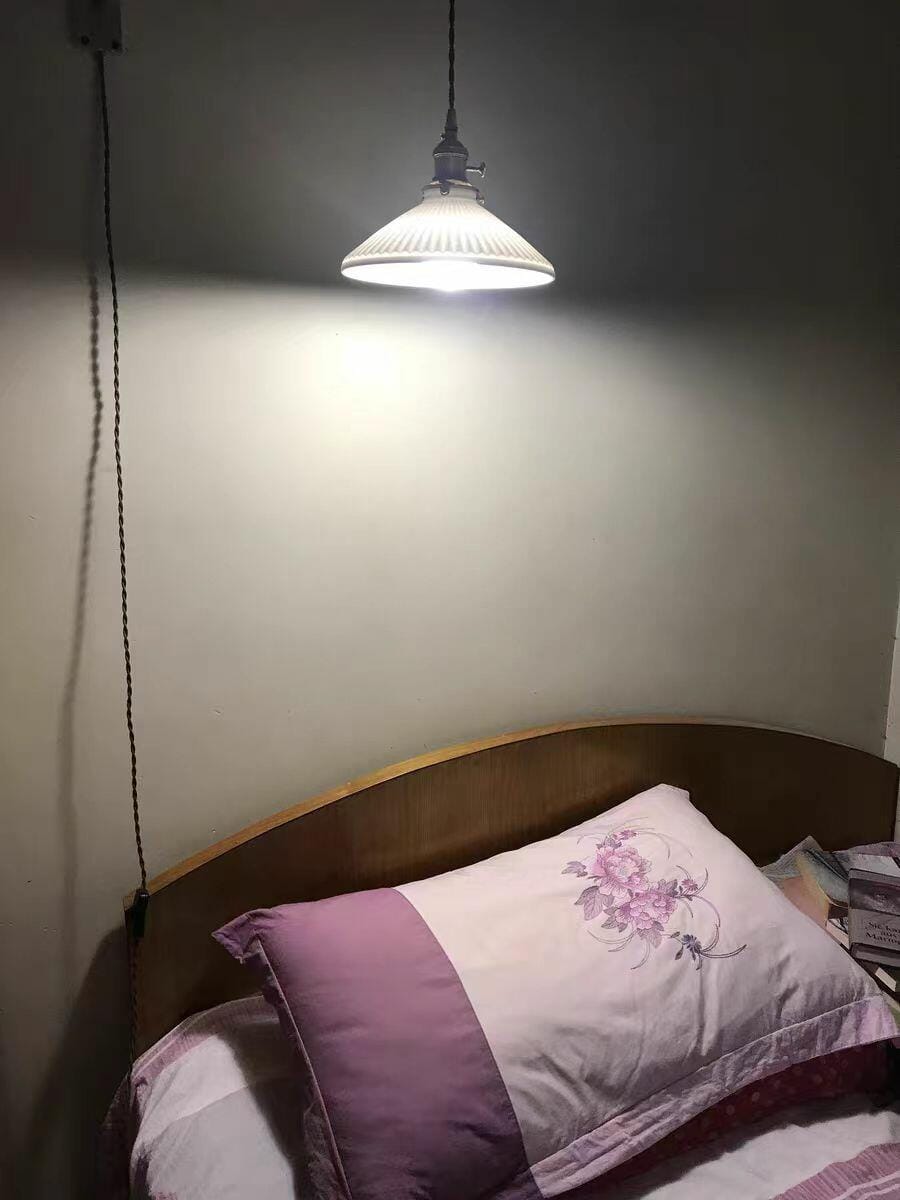 Customer photo review of Swing Arm Wall Light, Wood and Brass, Plug In Wall Sconce