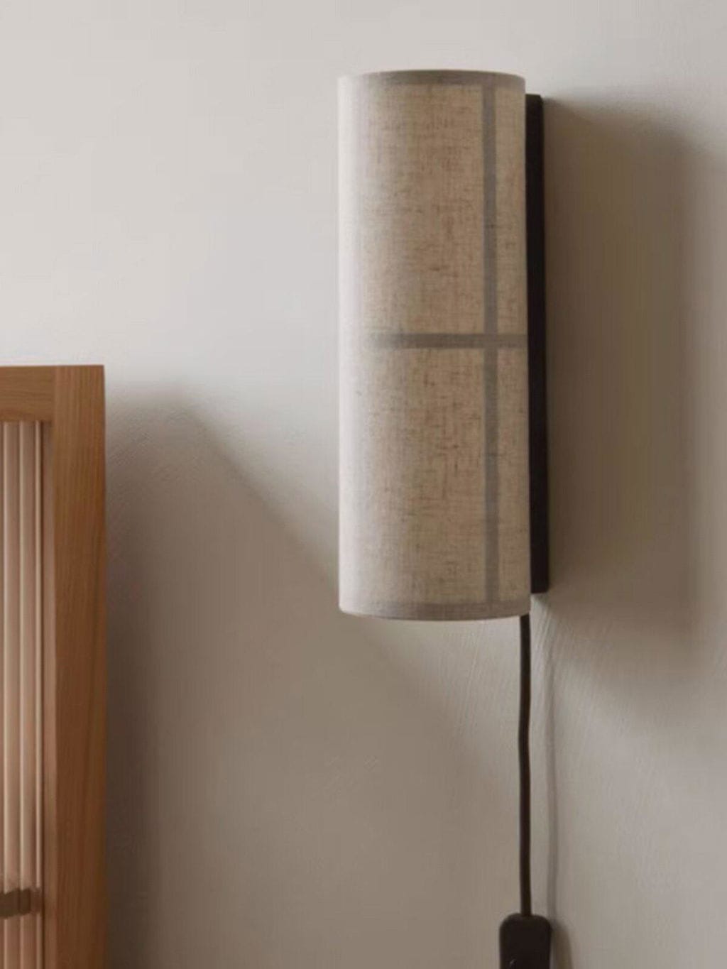 Customer photo review of Fabric Cylinder Plug In Wall Light, Black Frame, Wall Sconce