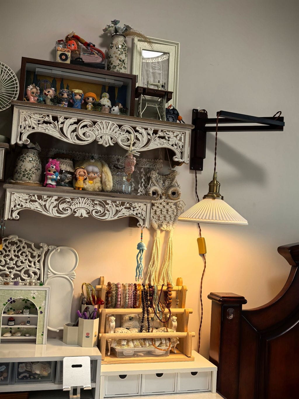 Customer photo review of Swing Arm Wall Light, Wood and Brass, Plug In Wall Sconce