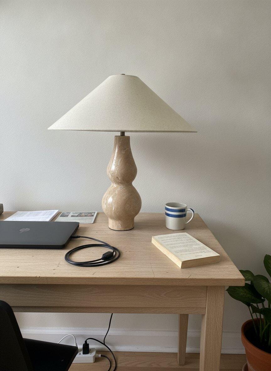 Customer photo review of Travertine Table Lamp, Turned Stone Base, Beige Linen Shade