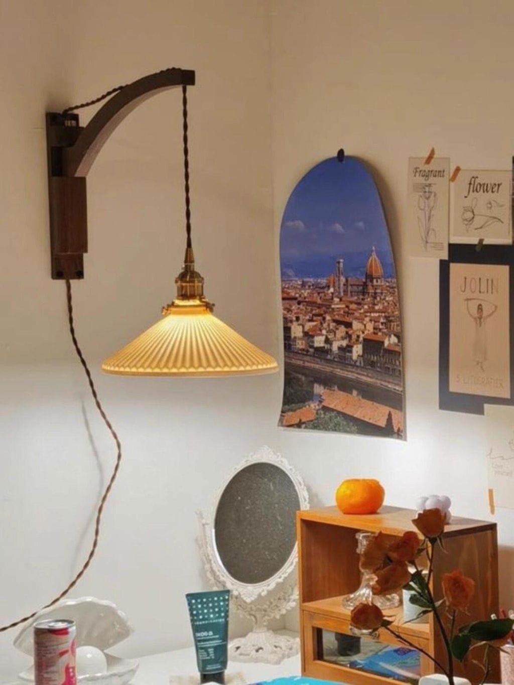 Customer photo review of Swing Arm Wall Light, Wood and Brass, Plug In Wall Sconce