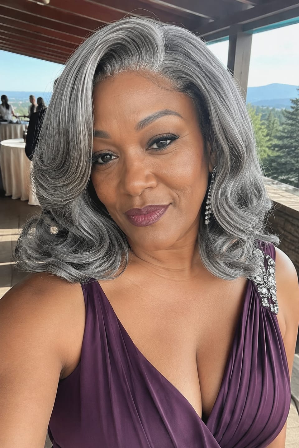Customer photo review of Luvwin Salt & Pepper Layered Blowout Wave Beginner Friendly Glueless  Gray Wig 100% Human Hair