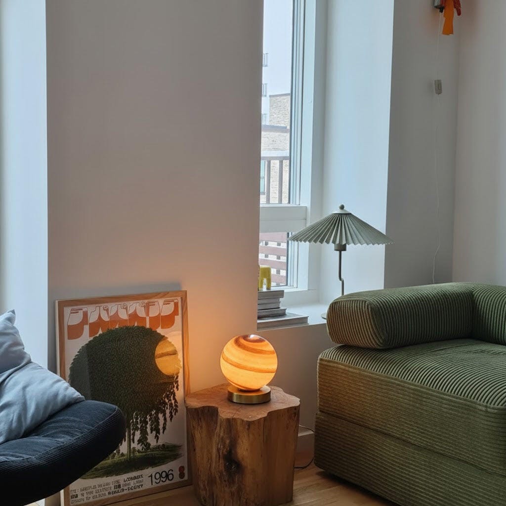 Customer photo review of Swirl Glass Sphere Table Lamp, Brass Base, Bedside Lamp