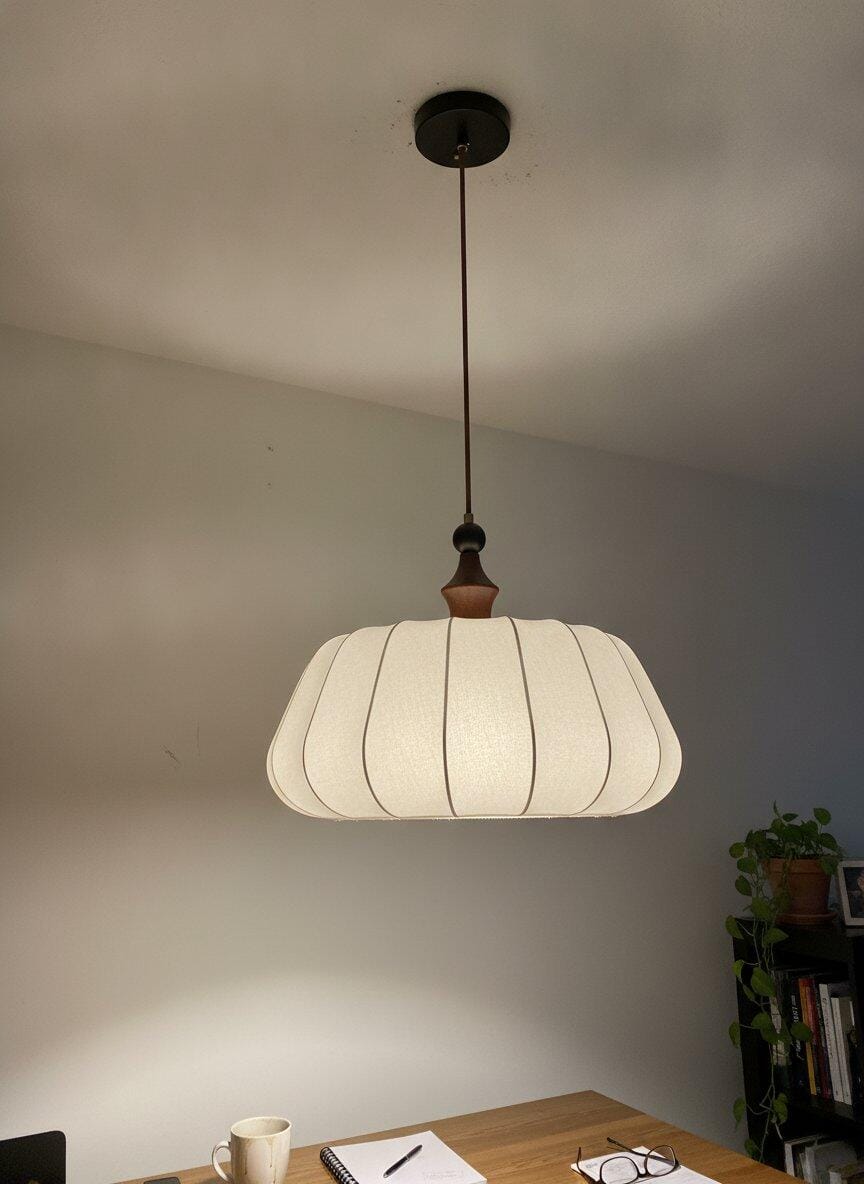 Customer photo review of Fabric Dome Pendant Light, Wood Top, Adjustable Cord, 45 cm