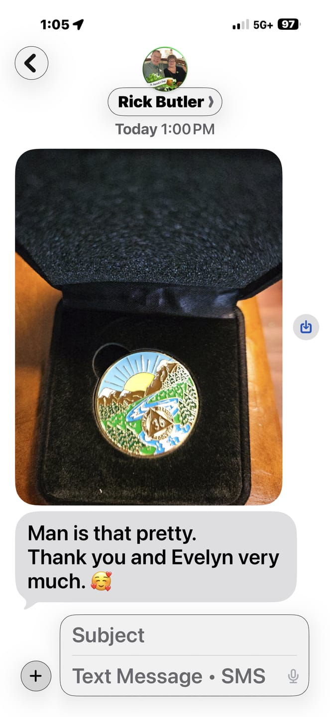 Customer photo review of 1 to 65 Year Sobriety Mint Winding River Gold Plated AA Recovery Medallion/Chip/Coin