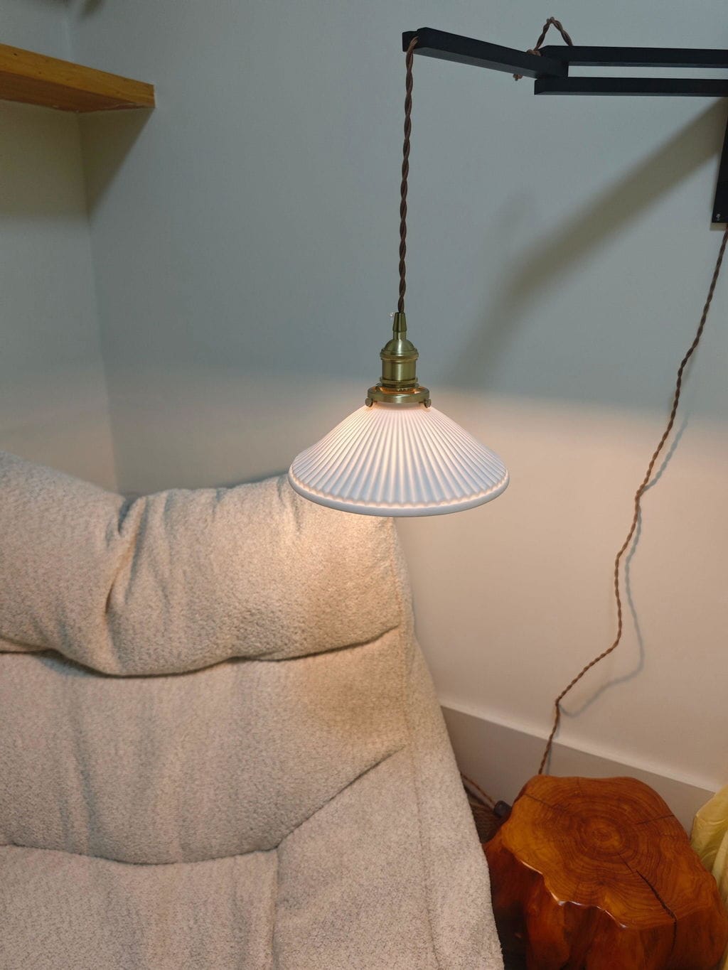 Customer photo review of Swing Arm Wall Light, Wood and Brass, Plug In Wall Sconce
