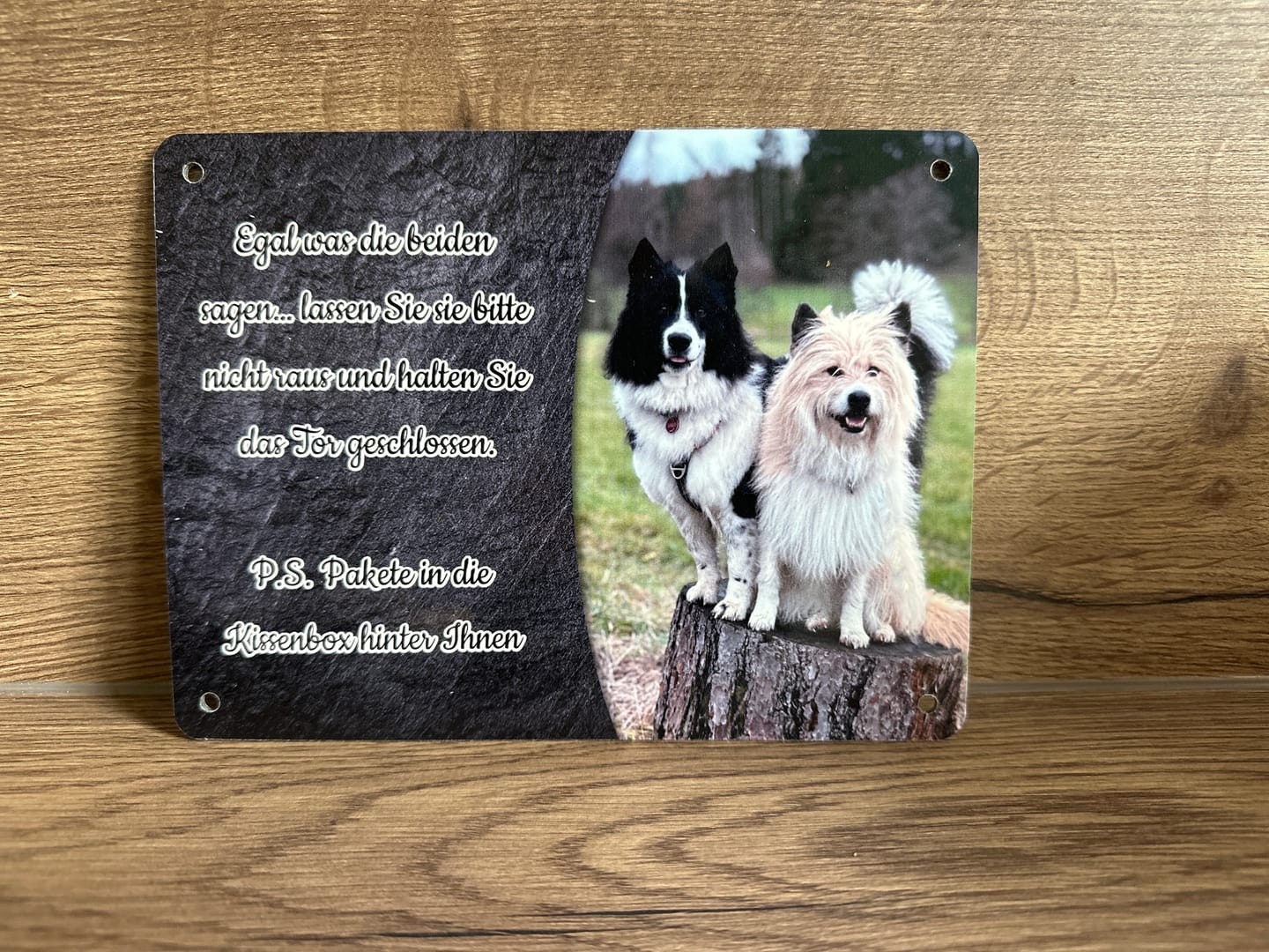Customer photo review of Hunde-Türschild personalisiert mit Foto & Text (UV- und wetterfest)