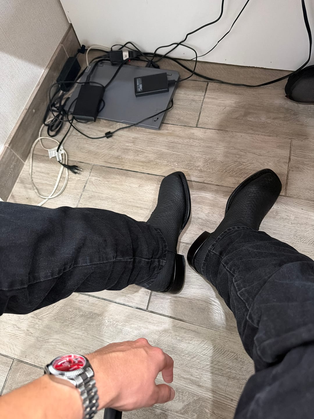 Customer photo review of Matte Black Python Leather Boots With Red Soles - Square Toe