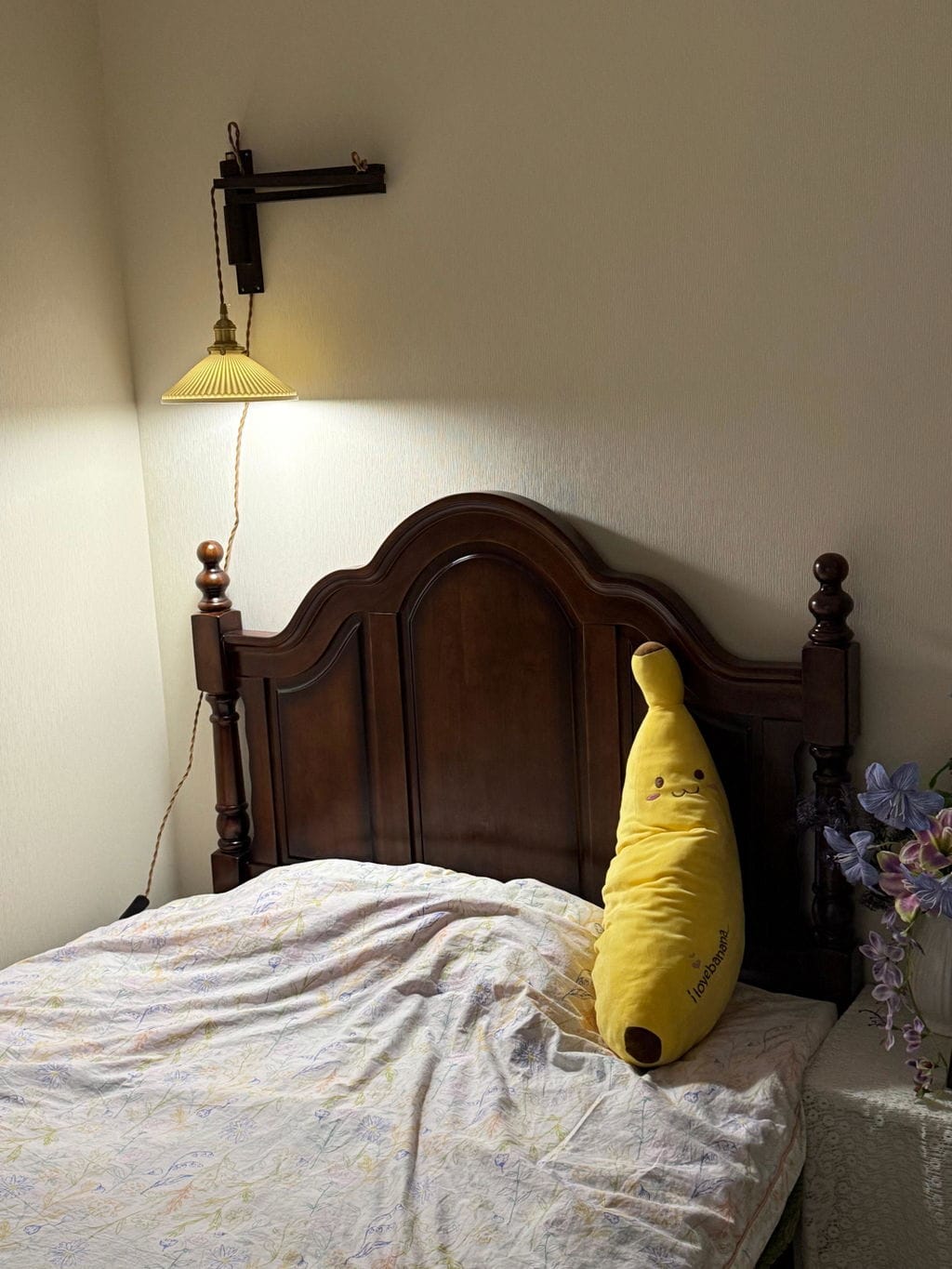 Customer photo review of Swing Arm Wall Light, Wood and Brass, Plug In Wall Sconce