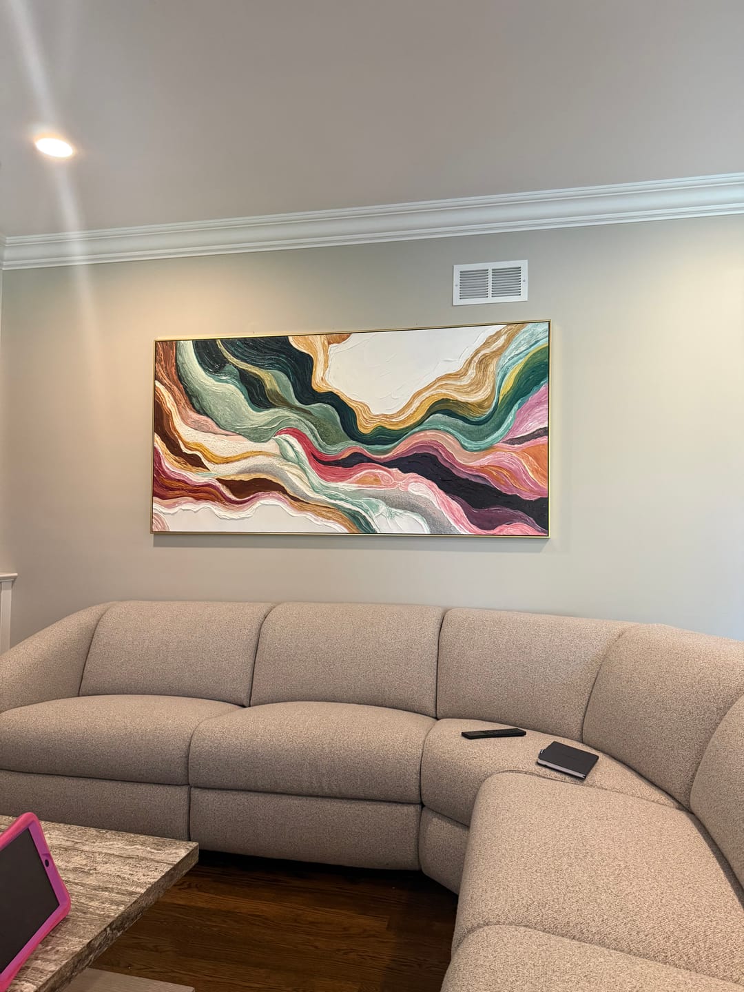 Customer photo review of Mineral Tides Crossing Ivory – Green Gold Textured Painting | Modern Panoramic Living Room Wall Art