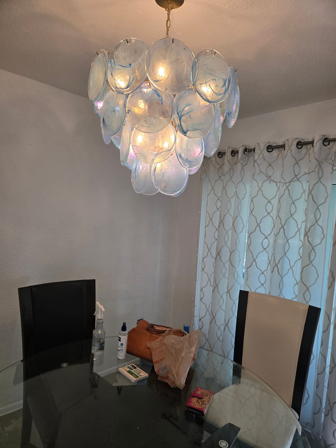 Customer photo review of Glam Blue Iridescent Swirl Glass Round Tiered Chandelier